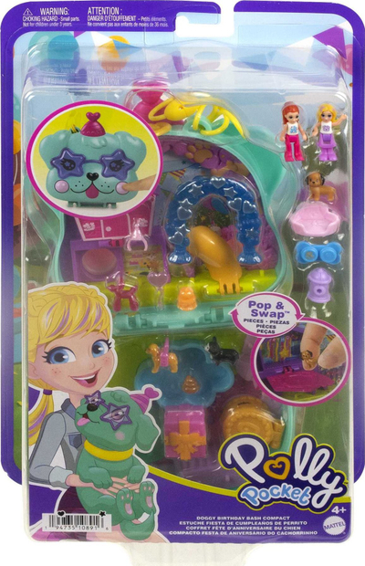 Set loje Polly Pocket World Doggy Birthday Bath, kompakt, me kukulla të vogla, shumëngjyrësh