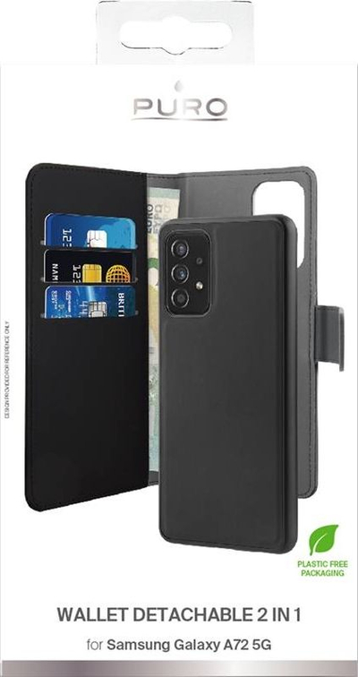 Këllëf–portofol Puro Wallet Detachable 2n1 për Samsung Galaxy A72, lëkurë eko, i zi