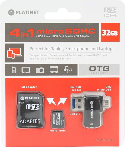 Mikro kartë SDHC 32 Gb Platinet, +USB, micro USB, lexues karte, SD adapter