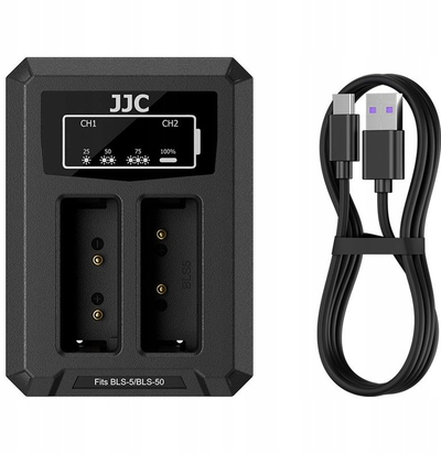 Karikues baterie për aparat JJC DCH-BLS5TC, dual USB, për Olympus BLS-1 BLS-5 BLS-50, i zi