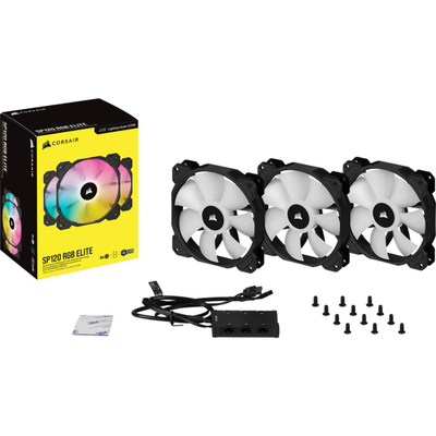 Set me ventilatorë CORSAIR iCUE SP120 RGB ELITE, 120mm, PWM, 1500 RPM, ngjyrë e zezë