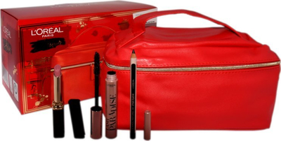 Set dhurate grimi L'Oréal Paris, rimel dhe buzkuq, çante kozmetike e kuqe