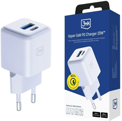 Полнач за ѕид 3MK Hyper GaN Charger 20W, USB A USB C, бел