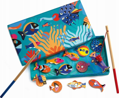 Lojë peshkimi me magnet Djeco Magnetic Fishing, 12 peshq, me 2 shkopinj druri, shumëngjyrëshe
