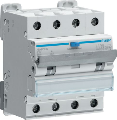 Диференцијален прекинувач со заштита од преоптоварување Hager ADM432C, 3+N, 32A, 30mA, 6kA