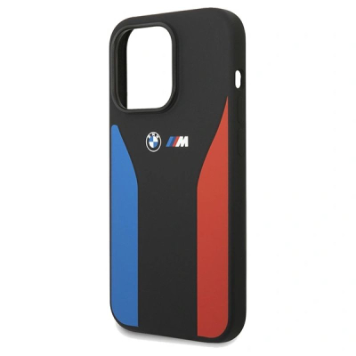 Këllëf telefoni BMW M Silicone për iPhone 15 Pro Max, me shirita blu edhe të kuq, i zi