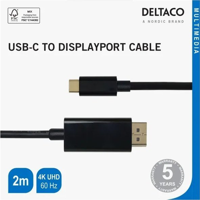 Kabllo Deltaco USB C në DisplayPort, 2m, 4K UHD, e zezë