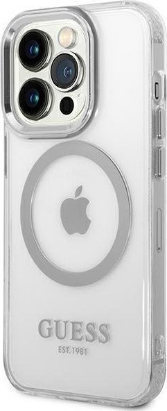 Mbrojtëse telefoni Guess Metal Outline MagSafe, iPhone 14 Pro Max, transparente, argjendtë