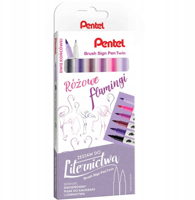 Сет четки пенкало Браш Сајн Твин Pentel, 6 парчиња, боја Пинк Фламингос