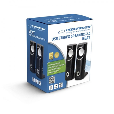 Компјутерски звучници Esperanza BEAT 2.0, 6W, со кабел, црни