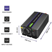 Invertor voltazhi Qoltec Monolith MS Wave, 12V në 230V, 300/600W, USB, i zi
