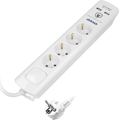 Zgjatues me mbrojtje 4 presa Schuko, 3m, 2xUSB, i bardhë