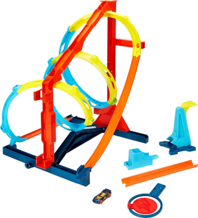 Set pistë lodër Hot Wheels Track Builder Unlimited Corkscrew Twist Kit, me makinë 1:64, shumëngjyrëshe