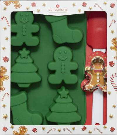 Set aksesorësh pastiçerie Christmas, kallëp silikoni 25.3x16.8x3 cm, me shpatull, shumëngjyrësh