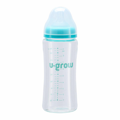 Biberon prej qelqi U-Grow, 260 ml, me 2 guma rezervë, transparent
