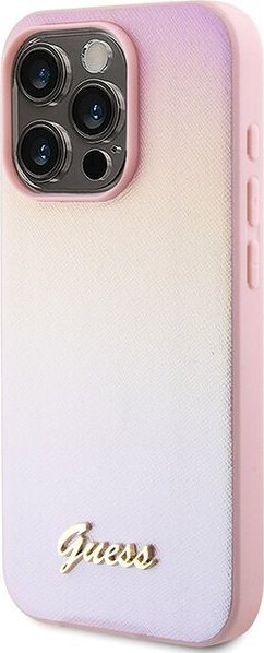 Kuti telefoni Guess Saffiano Iridescent Script për iPhone 14 Pro Max, TPU PC, rozë