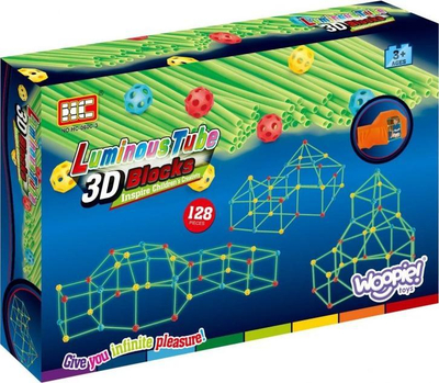 Lodër ndërtimi Woopie Construction Blocks Straws Tubes XL Glows, 128 copa, që ndriçon në errësirë, shumëngjyrëshe