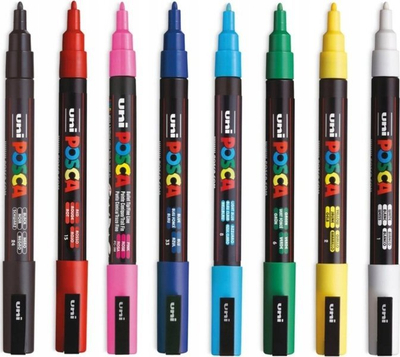 Set markera Posca Uni-Ball PC-3M, 8 ngjyra, majë e hollë 0.9-1.3 mm, shumëngjyrësh