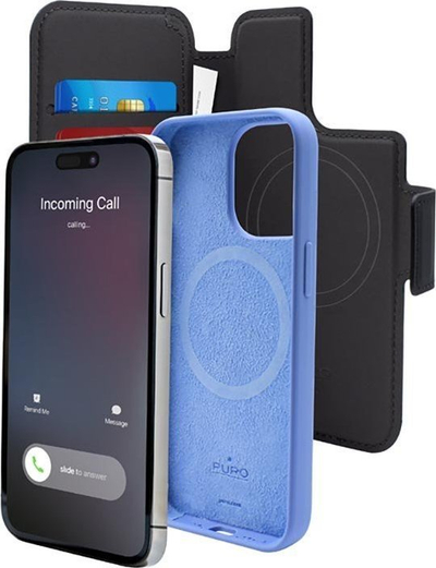 Këllëf-portofol PURO Folio MagSafe për iPhone 14 Pro Max / 13 Pro Max, lëkurë eko, i zi