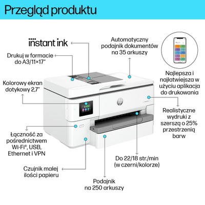 Printer HP OfficeJet Pro 9720e, A3, Inkjet, Wi-Fi, i bardhë