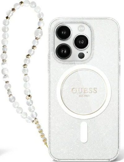 Kapak telefoni Guess GUHMP16XHGCRELST për iPhone 16 Pro Max 6.9", MagSafe, transparent me glitter