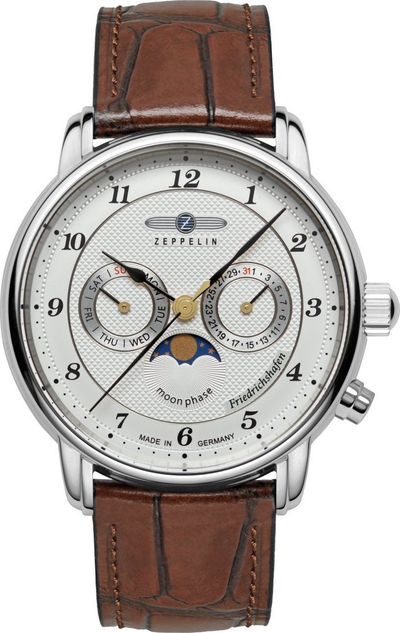 Orë burrash Zeppelin Friedrichshafen 85361, quartz, rrip lëkure kafe, numërtare e bardhë