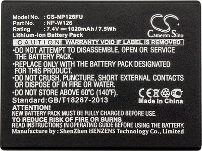 Bateri për kamerë Cameron Sino NP-W126 NP-W126S, 1020mAh, Li ion, e zezë