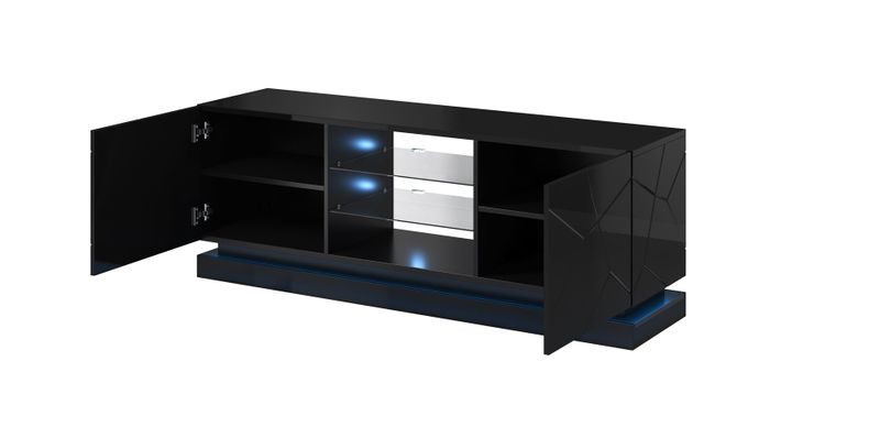 Komodë TV Cama Meble QIU 160, MDF dhe xham, me shkëlqim, e zezë