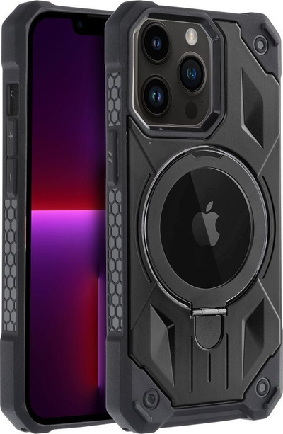Kapak telefoni për iPhone 13 Pro, silikoni edhe polikarbonat, me unazë magnetike, i zi