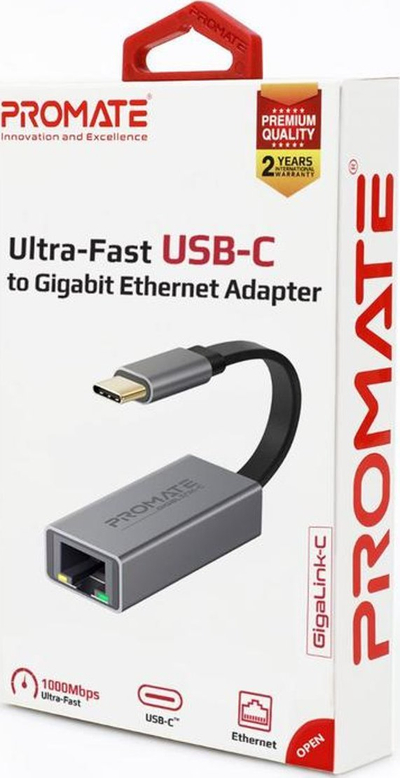Adapter USB C në RJ45 Promate High Speed, Gigabit Ethernet, i vogël, gri