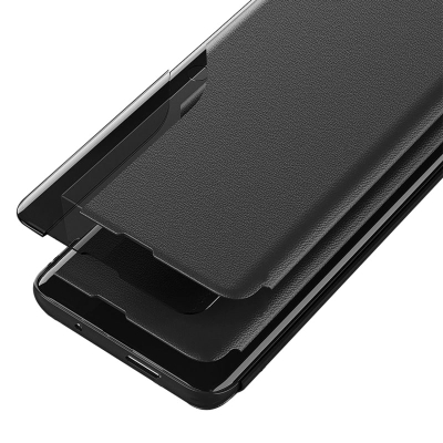 Футрола за телефон Hurtel Eco Leather View, со капак и постојалка, за iPhone 16e, црна