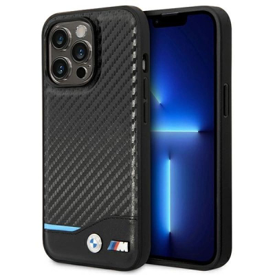 Mbulesë telefoni BMW M Collection për iPhone 14 Pro Max, lëkurë PU me efekt karboni, mbrojtëse, e zezë me vijë blu