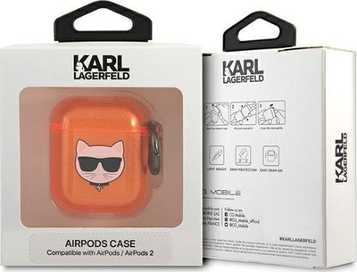 Kapak mbrojtës Karl Lagerfeld KLA2UCHFO Choupette për AirPods 1/2, TPU, me kapëse, portokalli fluo