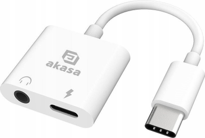 Adapter USB C në 3.5mm Akasa, dhe për audio dhe për karikim njëkohësisht, 15W, i bardhë