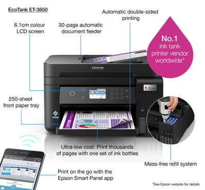 Printer shumëfunksional Epson EcoTank ET-3850, Inkjet A4, Wi-Fi, i bardhë