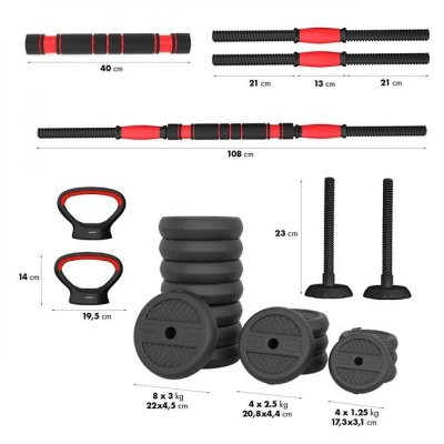 Set peshash HMS SGN140 6 në 1, 40kg, barbell, hantela, kettlebell, e zezë