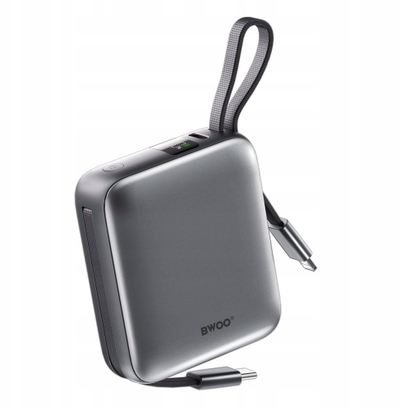 Powerbank BWOO P74, 10000 mAh, 22.5W, me kabllo USB-C dhe Lightning, argjendtë