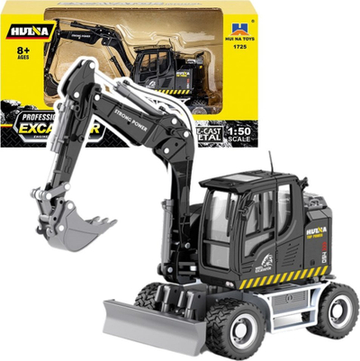 Lodër eskavator me rrota Huina 22764, model 1:50, metal, e zezë