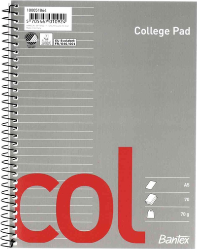 Bllok me spirale Bantex Col College Pad, A5, 70 fletë, gri