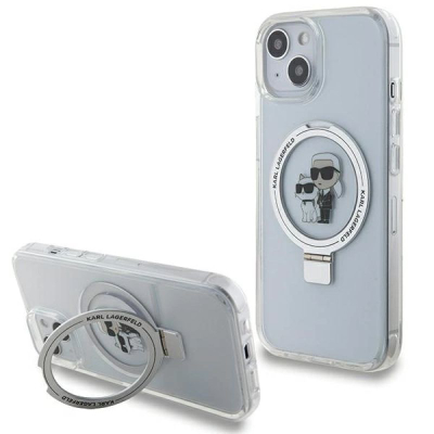 Mbrotëse telefoni Karl Lagerfeld me unazë Ring Stand Karl & Choupette MagSafe, për iPhone 15 14 13 6.1", e bardhë transparente