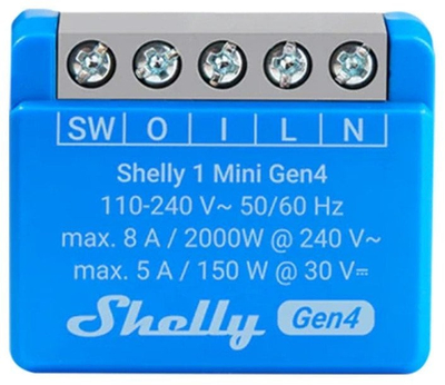 Паметно реле Shelly 1 Mini Gen4, 1 канал 8A, Wi‑Fi Bluetooth, сино