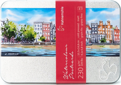 Set kartolina akuareli Hahnemühle Watercolor Postcard Tin, 4.1" x 5.8", 30 fletë, cold pressed, e bardhë