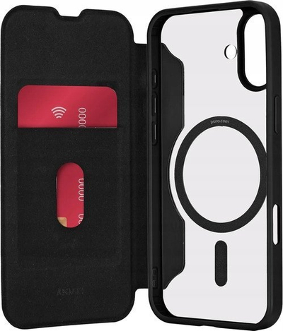Mbulesë lëkure Puro Book Mag MagSafe për iPhone 16, me kapak, me hapësirë për karta, e zezë