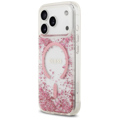 Kapak telefoni Guess Resin Bottom Glitter MagSafe, për iPhone 17 Pro, kapak transparent me glitter rozë