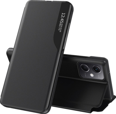 Mbrojtëse telefoni Hurtel Eco Leather View Case për Xiaomi Redmi Note 12 5G Poco X5 5G, me kapak palosës, me qëndrim, e zezë