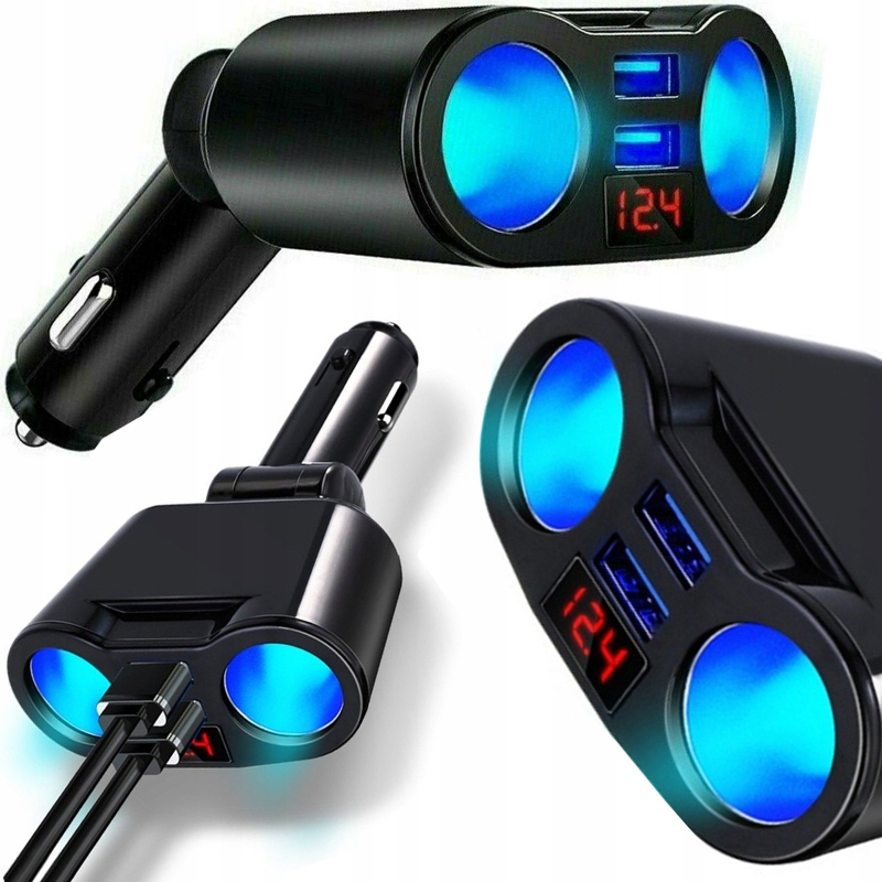 Ndarës çakmaku për veturë, 12-24V, 2x prizë, 2x USB QC 3.1A, i zi