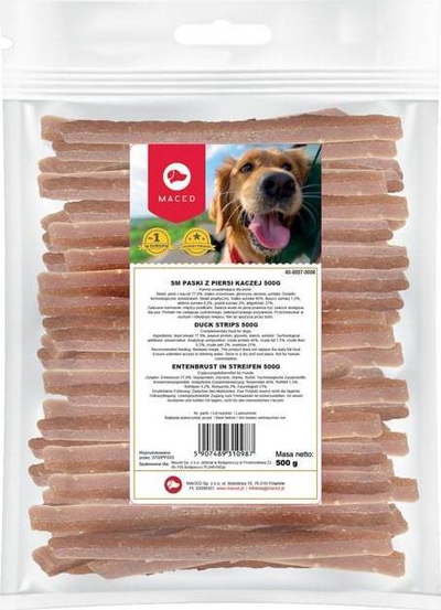 Shpërblim për qen Maced Strips me gjoks pate rosë, 500g