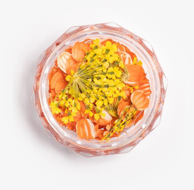 Dekor thonjsh Semilac Flower Flakes Golden Sunset, dekor i thatë, ari edhe portokalli