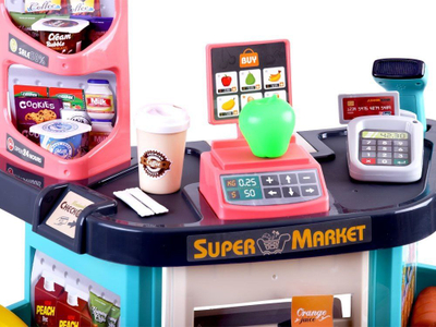 Set lodër supermarket Jokomisiada ZA3174, me karrocë pazari, 47 pjesë, shumëngjyrësh