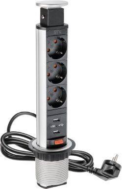 Biurkowy przedluzacz wpuszczany 60mm srebrny 3 x SCHUKO 2 x USB 2,1A 5V 1,5m (AE-BPW3S60U-80)